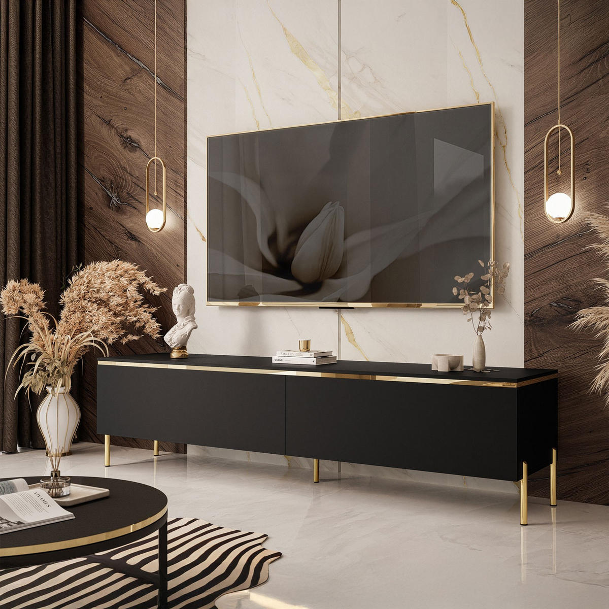 TV-LOWBOARD AURORA Schwarz Matt mit gerade Goldchrom Fuße - Goldfarben/Schwarz, Holzwerkstoff/Metall (180/46/40cm) - Lookway
