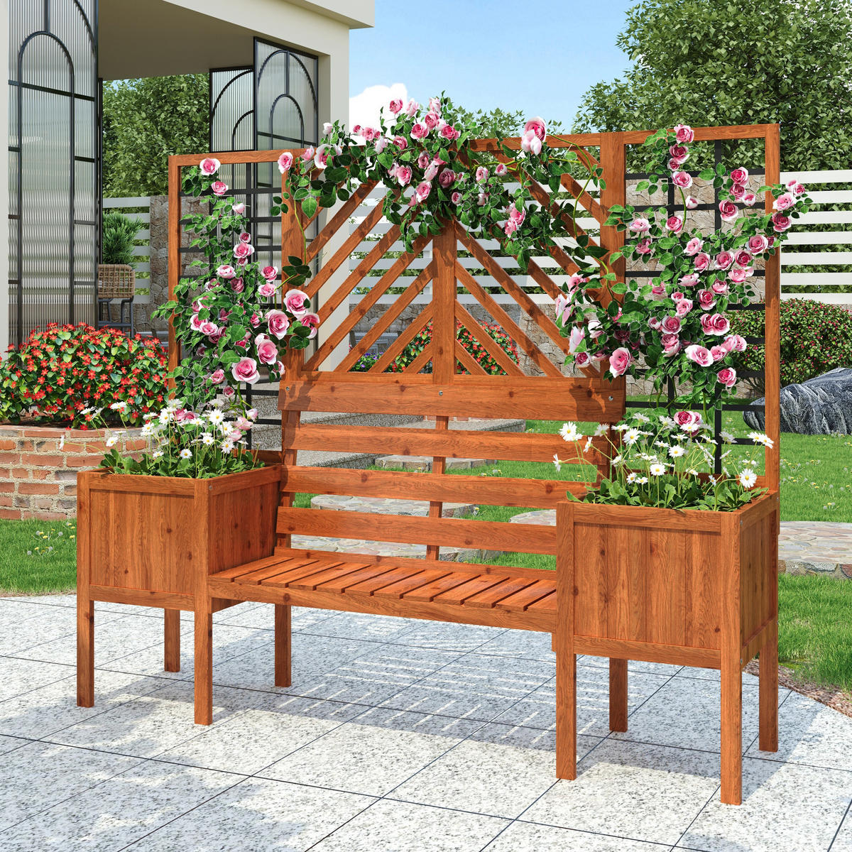BLUMENTOPF 170/42/145 cm Braun mit Spalier als Rankhilfe - Braun, Holz (145/42/170cm) - Oxeza