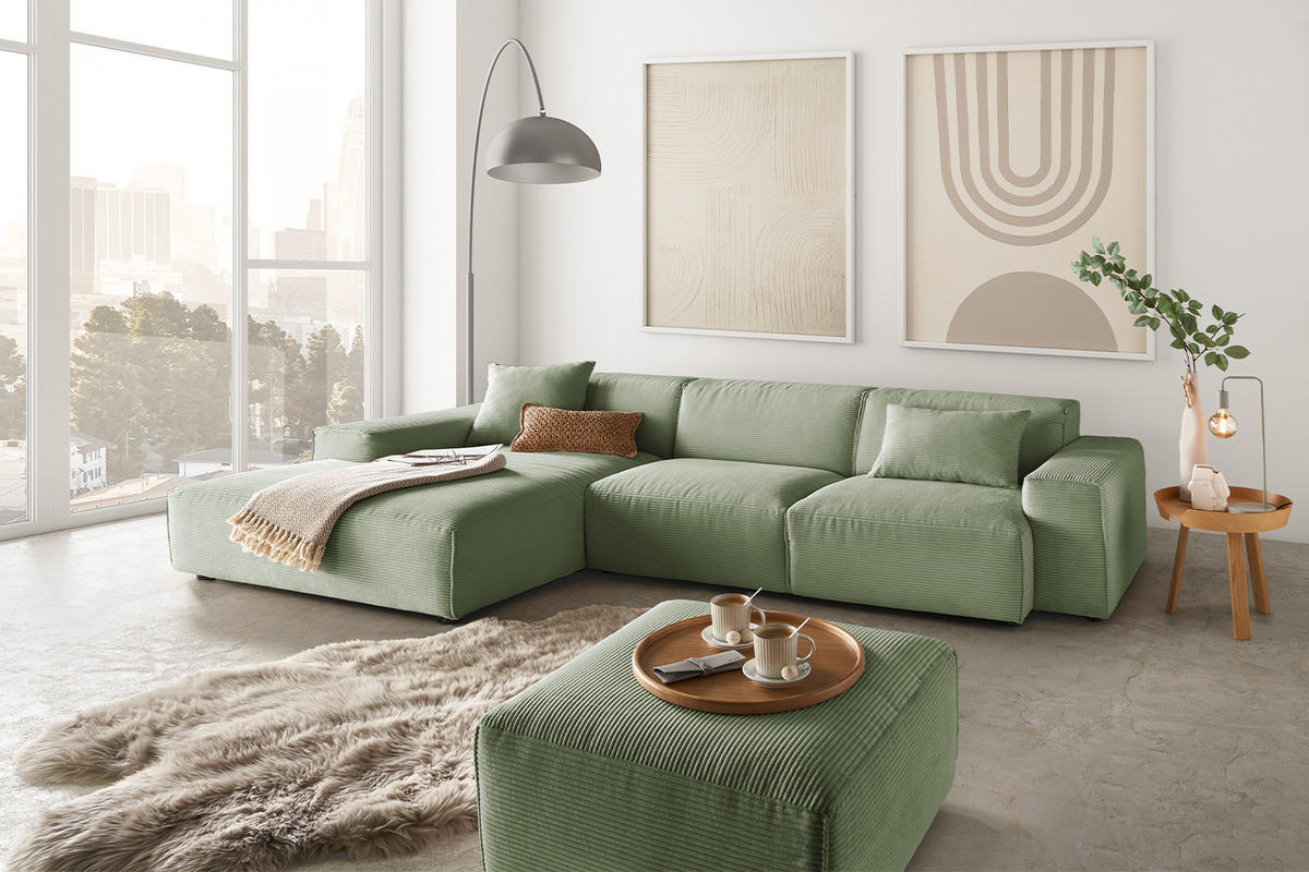 ECKSOFA RANI Grün Cord - Schwarz/Grün, Kunststoff/Textil (299/189cm) - KAWOLA
