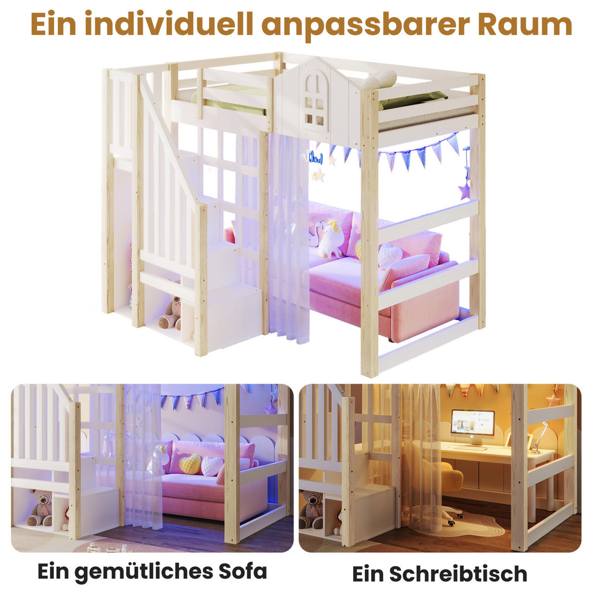 HOCHBETT 90/200 cm aus Kiefer mit LED-Beleuchtung und Ablageleiter - Weiß, Holz (90/200cm) - Flora Grace