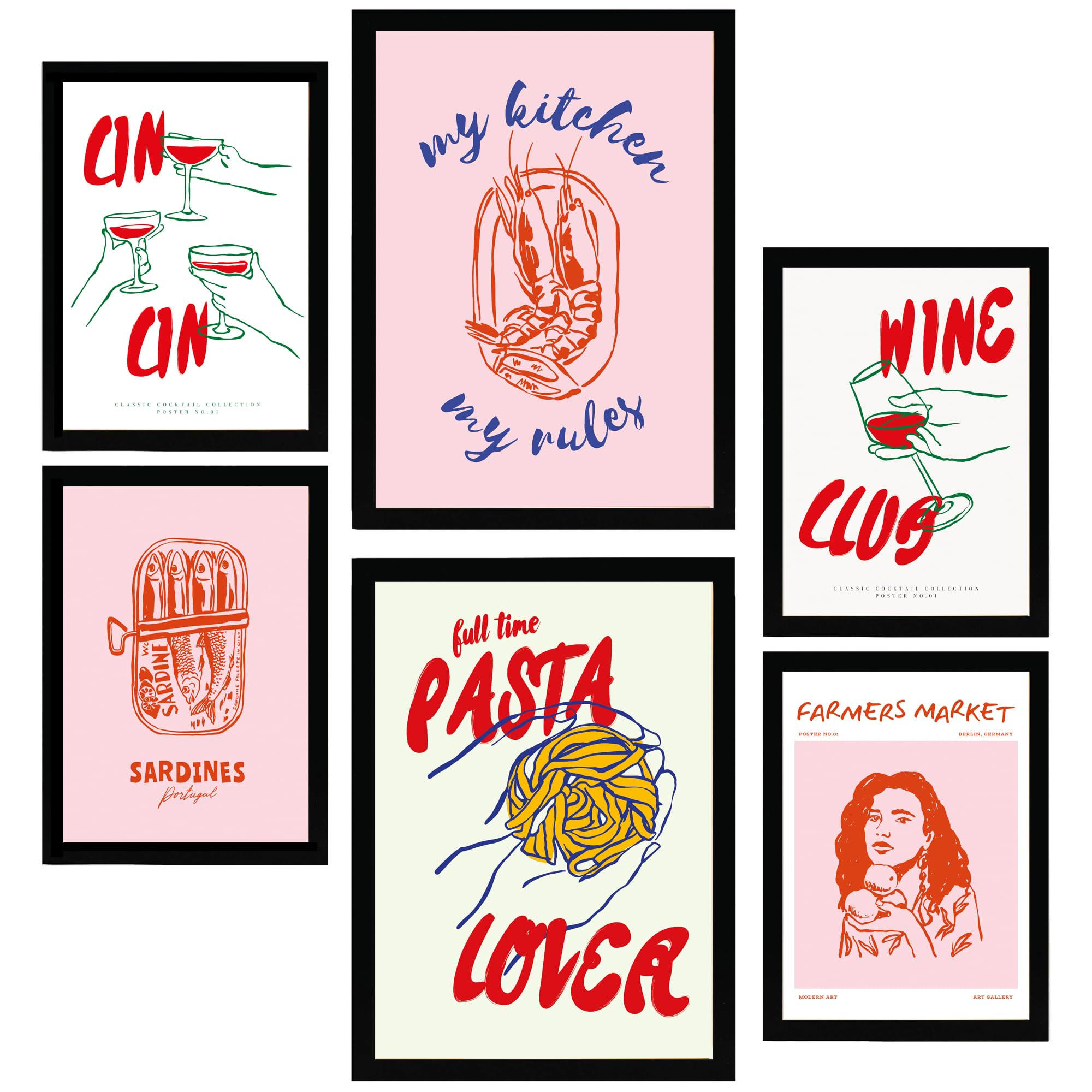 POSTER Set Mit 6 Von Lebensmitteln & Essen Im Pop Art In Rosatönen A3 & A4 Schwarzer Rahmen - Schwarz, Papier (29/3cm) - Nacnic