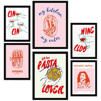 POSTER Set Mit 6 Von Lebensmitteln & Essen Im Pop Art In Rosatönen A3 & A4 Schwarzer Rahmen - Schwarz, Papier (29/3cm) - Nacnic