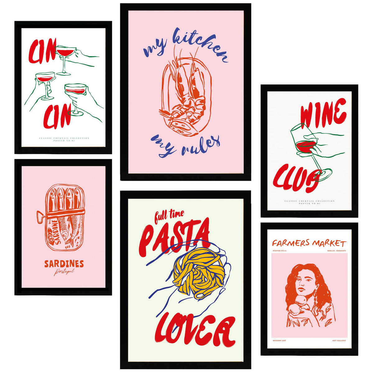 POSTER Set Mit 6 Von Lebensmitteln & Essen Im Pop Art In Rosatönen A3 & A4 Schwarzer Rahmen - Schwarz, Papier (29/3cm) - Nacnic