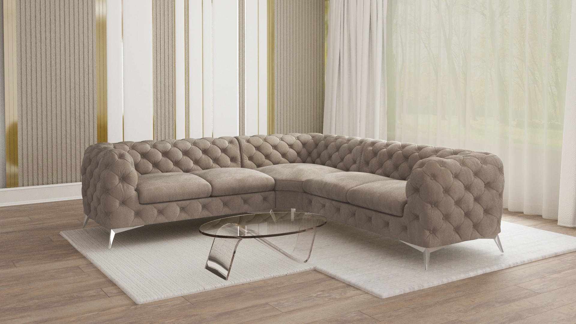 ECKSOFA Chesterfield Laura Dunkle Creme Samt - Silberfarben/Creme, Holz/Textil (264/264cm) - S-Style Möbel