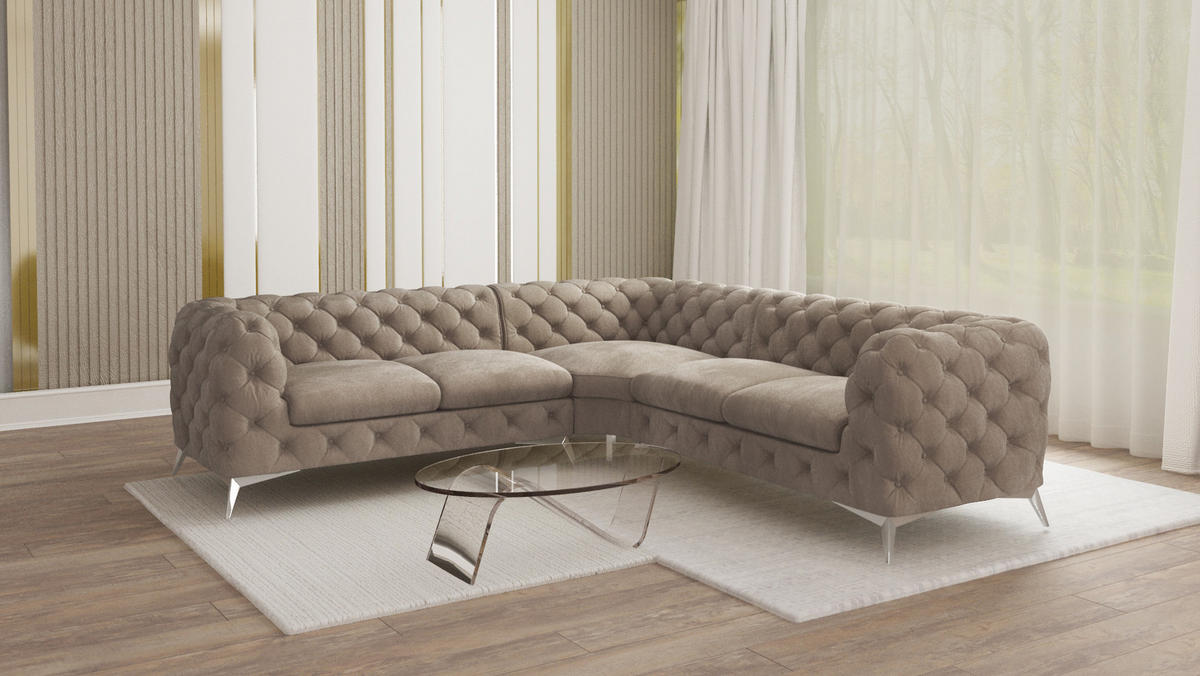 ECKSOFA Chesterfield Laura Dunkle Creme Samt - Silberfarben/Creme, Holz/Textil (264/264cm) - S-Style Möbel