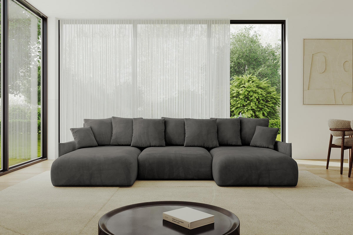 WOHNLANDSCHAFT mit Schlaffunktion und Bettkasten ONESK-U-v1 304x165x40 Dunkelgrau Velours - Dunkelgrau, Holzwerkstoff/Kunststoff (304/90/165cm) - ALTDECOR