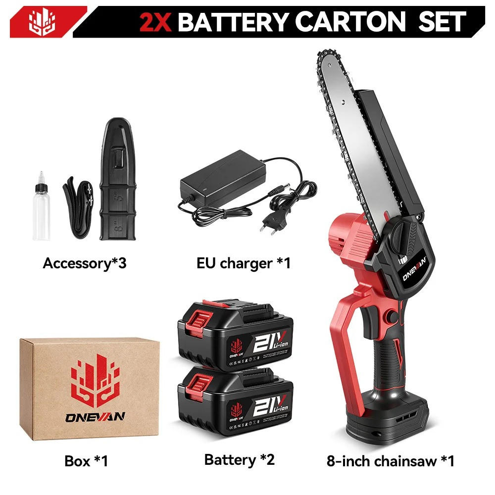 MINI-KETTENSÄGE 8 Zoll Makita-18V kompatibel Schwarz Garten Beschneiden Mit 2 Akkus + EU-Stecker - Schwarz, Metall (13/43/13cm) - Coonoor