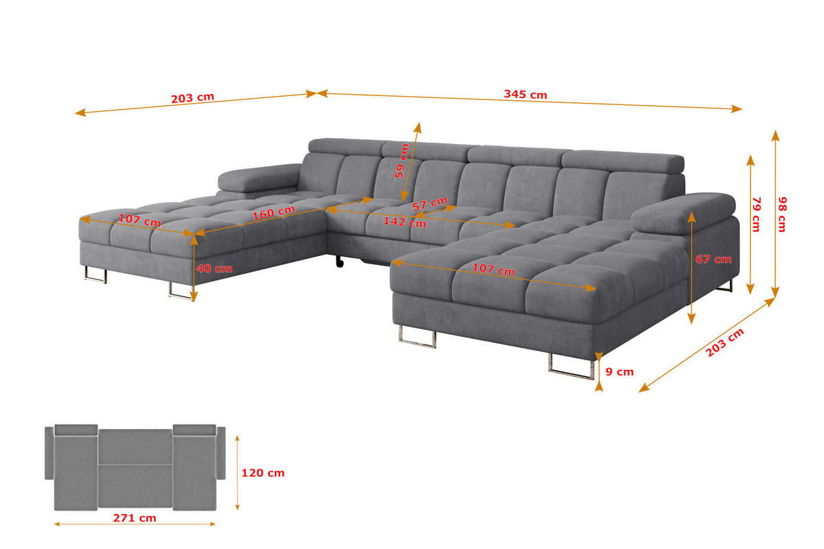 WOHNLANDSCHAFT mit Schlaffunktion und Bettkasten COMA U2 345x203x79 Grau Velours - Grau, Holzwerkstoff/Textil (345/79/203cm) - ALTDECOR