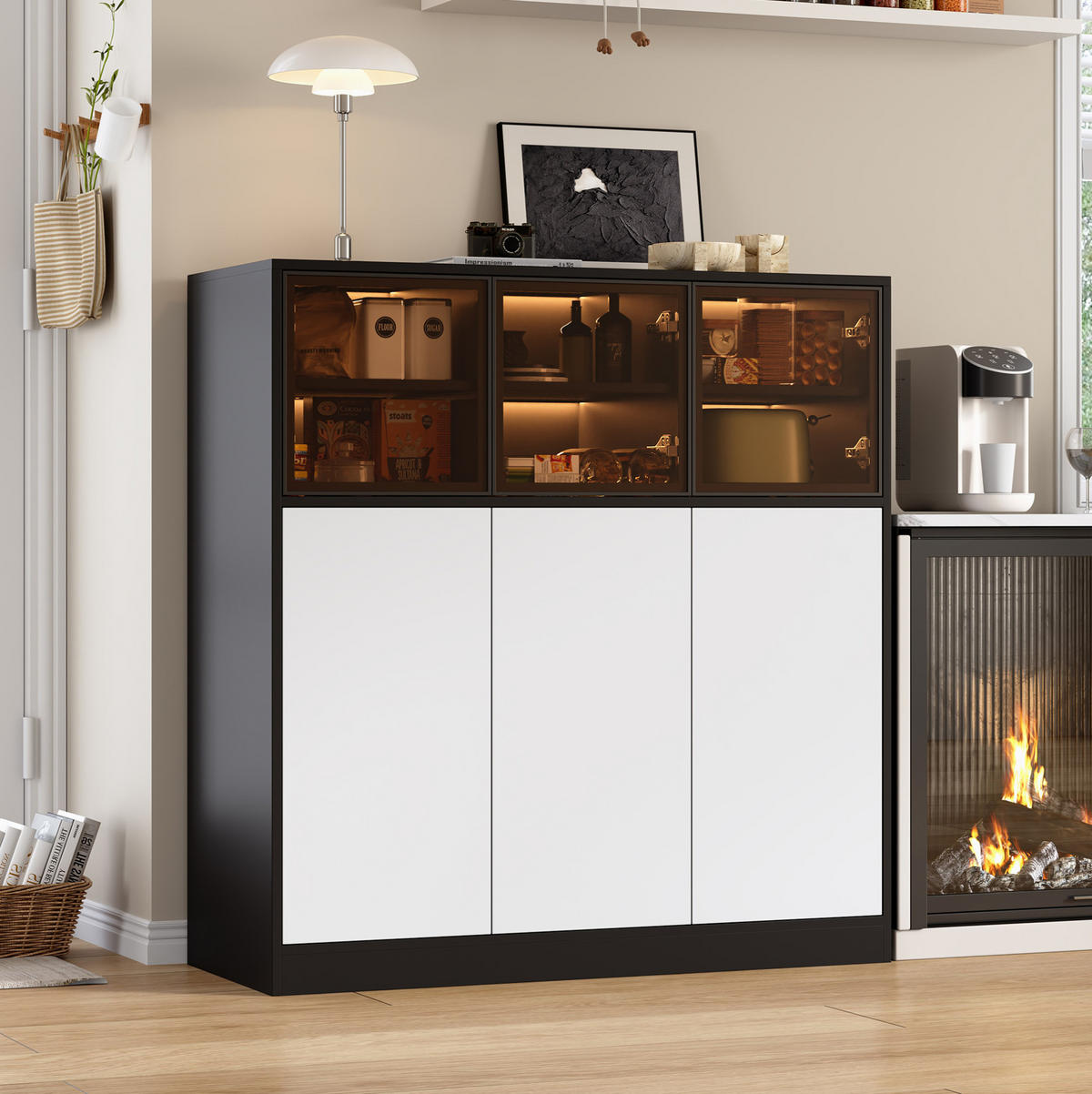 SIDEBOARD 100/40/105 cm schwarz/weiß aus Glas und Spanplatte mit LED - Schwarz, Glas (100/105/40cm) - OKWISH