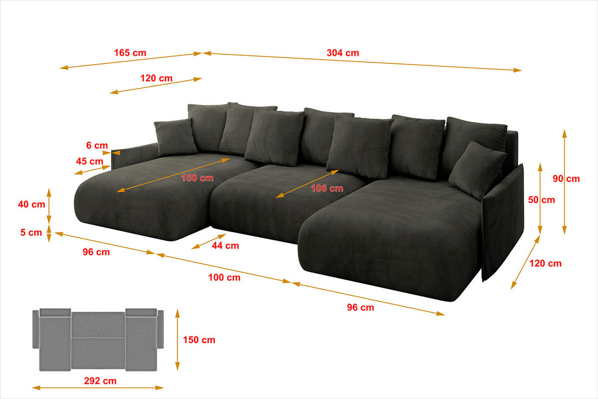 WOHNLANDSCHAFT mit Schlaffunktion und Bettkasten ONESK-U-v1 304x165x40 Schwarz Velours - Schwarz, Holzwerkstoff/Kunststoff (304/90/165cm) - ALTDECOR