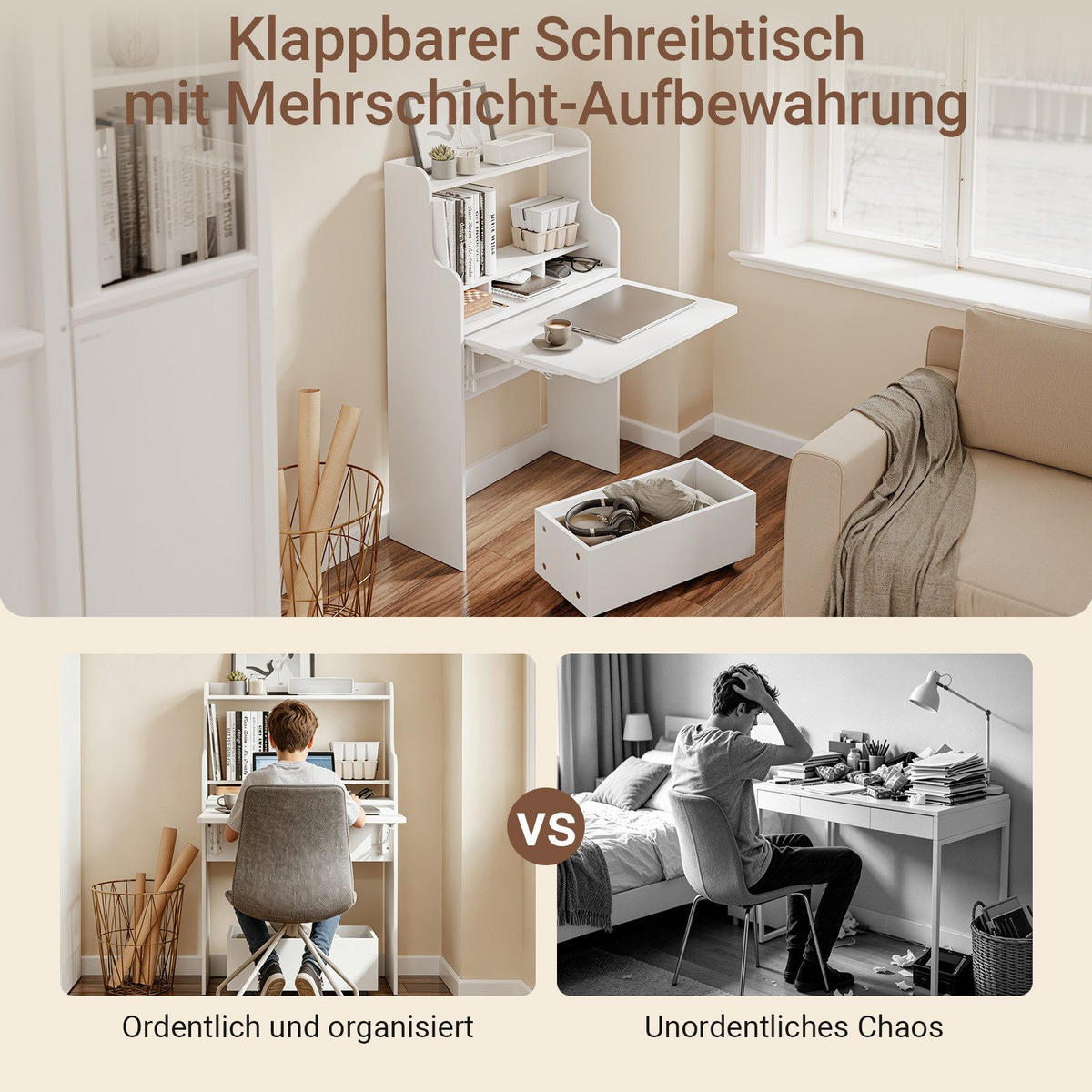 SCHREIBTISCH klappbar mit Aufbewahrungsbox Weiß 64x100,6x63 cm - Weiß, Holzwerkstoff (61/25/100cm) - SoBuy