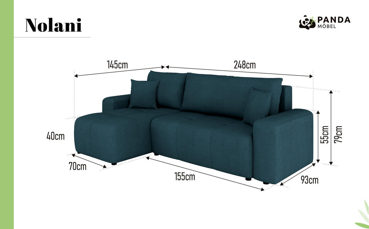 ECKSOFA Nolani mit Schlaffunktion & Bettkasten – Modern & Bequem - Türkis, Kunststoff (248/145cm) - Panda Möbel