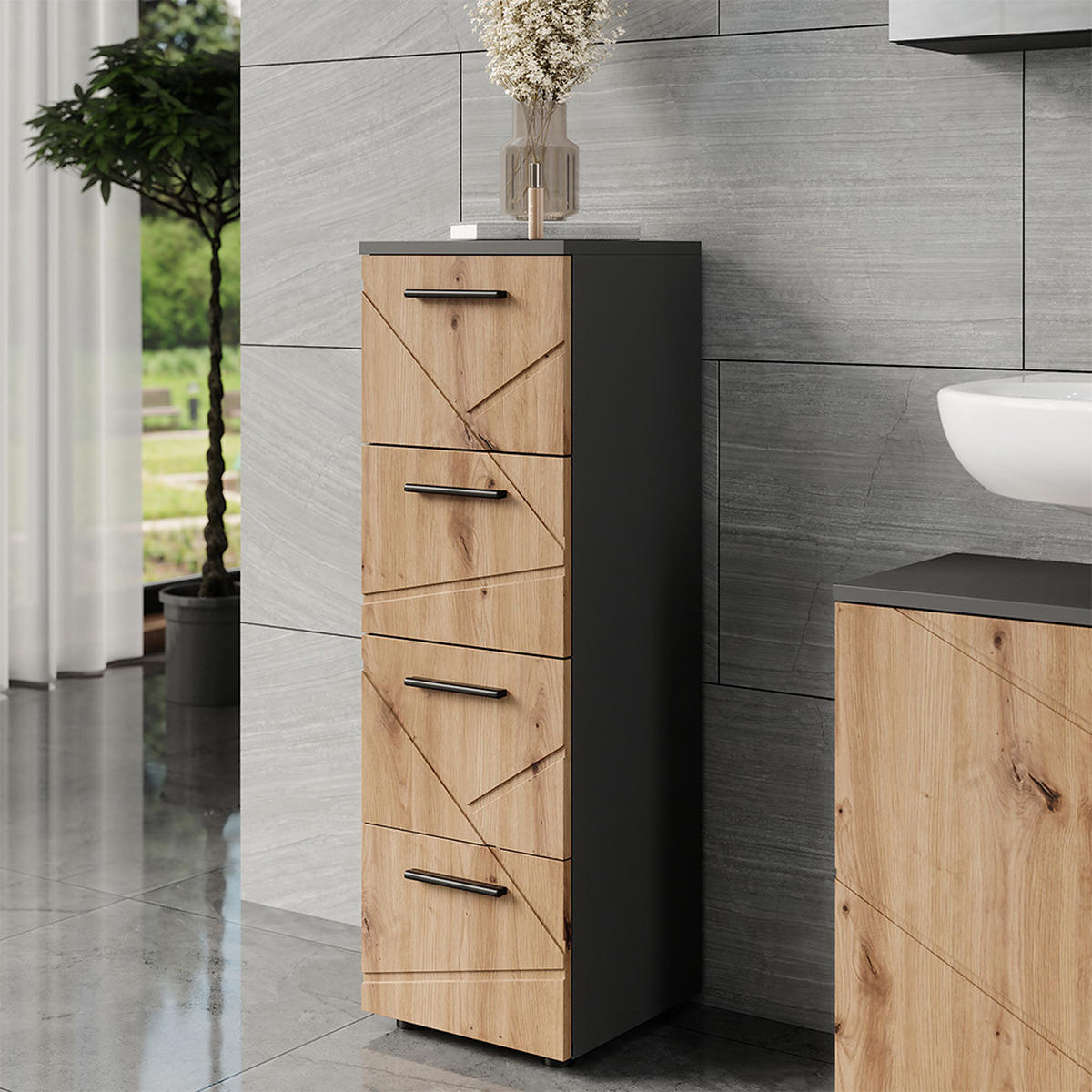 MIDISCHRANK Irma Anthrazit/Artisan 30 x 95 cm mit 4 Schubladen - Anthrazit/Eiche Artisan, Holzwerkstoff (30/95/30cm) - Vicco