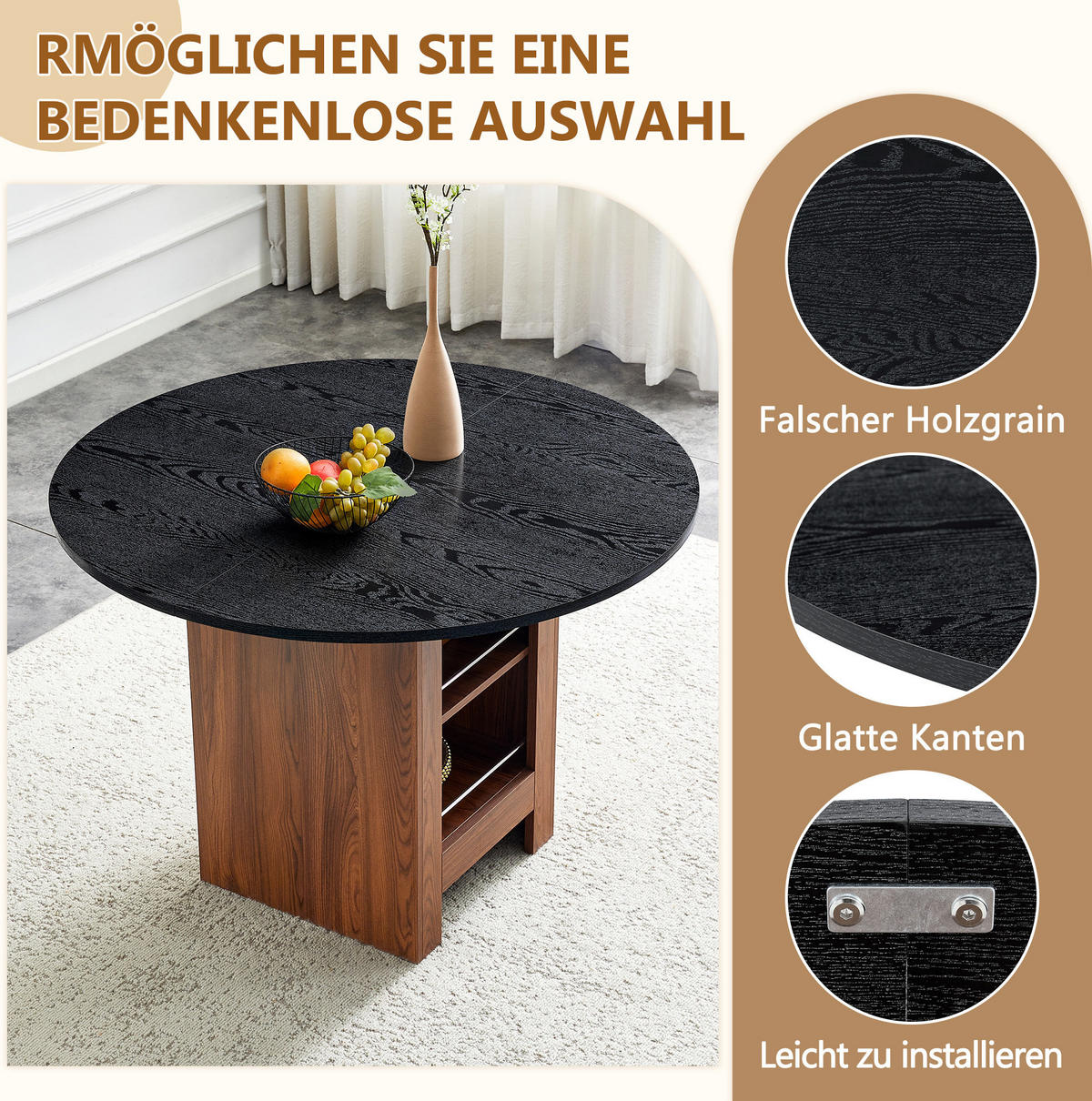 ESSTISCH 100/100/76 cm mit Stauraumregal und MDF-Tischplatte, Walnuss/Schwarz - Schwarz, Holzwerkstoff (100/100/76cm) - Redom