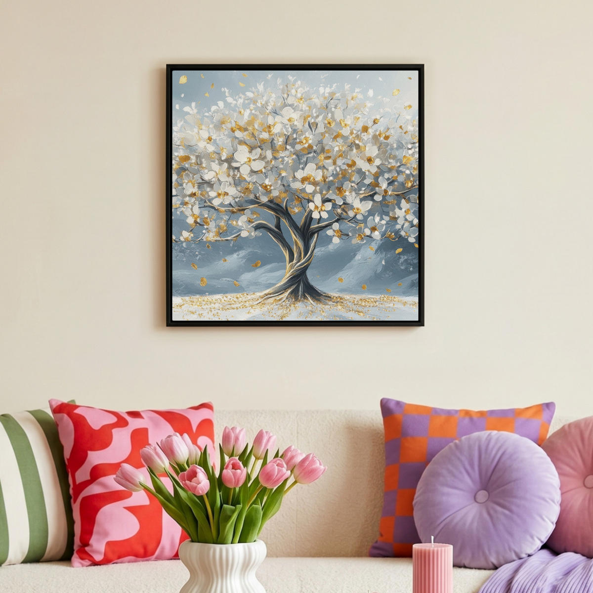 LEINWAND Bilder mit Rahmen - Baum - Winter - Baum des Lebens - Modern - Gold - 50x50 - Goldfarben, Textil (50/50cm) - MuchoWow