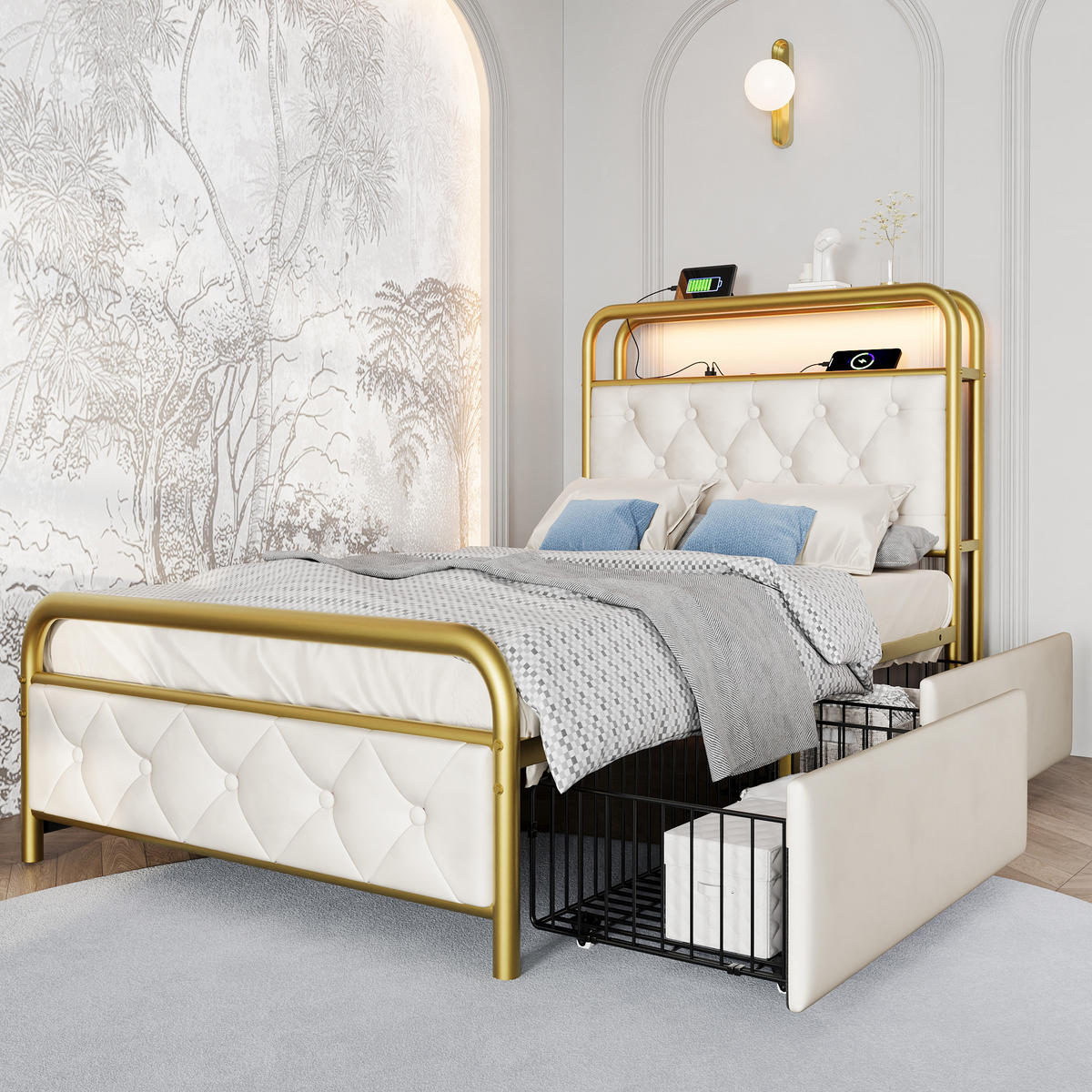 POLSTERBETT 90/200 cm Weiß mit USB- und Type-C-Anschlüssen LED-Beleuchtung - Weiß, Textil (90/200cm) - OKWISH