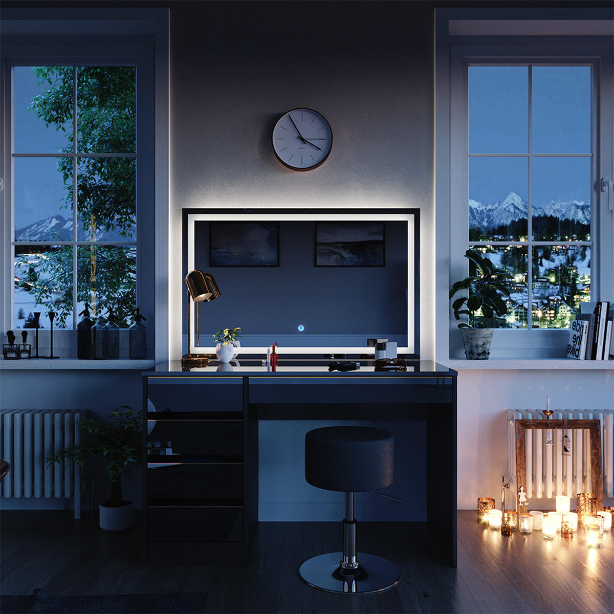 SCHMINKTISCH Sherry Schwarz/Gold 120 cm mit LED-Spiegel und Hocker - Goldfarben/Schwarz, Holzwerkstoff (120/75/55cm) - Vicco