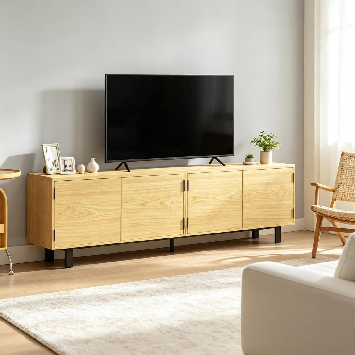 TV-SCHRANK 180/35/55.5 cm Natürlich mit 4 Drucktüren - Schwarz/Naturfarben, Holz/Holzwerkstoff (180/55.5/35cm) - Oxeza
