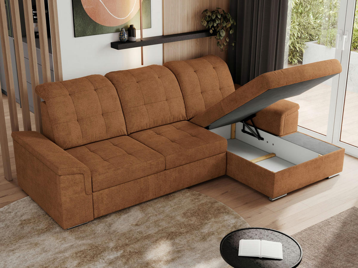 ECKSOFA MADRITO L - Orange Struktur - Rechts - Silberfarben/Orange, Textil/Metall (256/160cm)