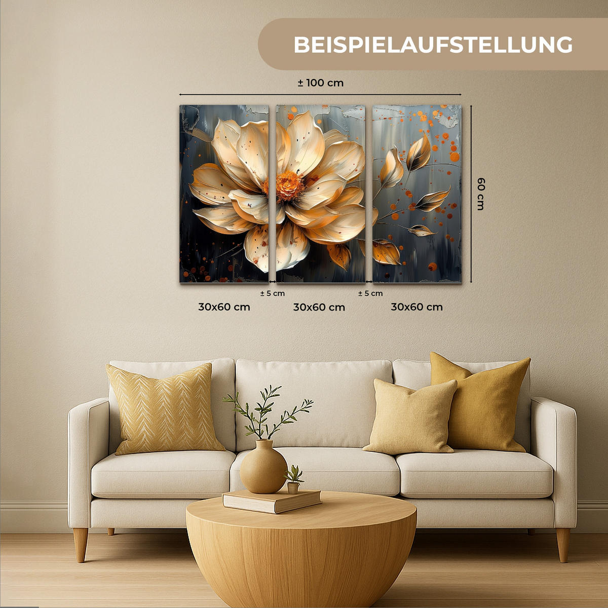 OBRAZ NA PLÁTNĚ 3dílná sada Květina - Zlato - Abstraktní - Malba 90x60 cm - krémová, textil (90/60cm) - MuchoWow