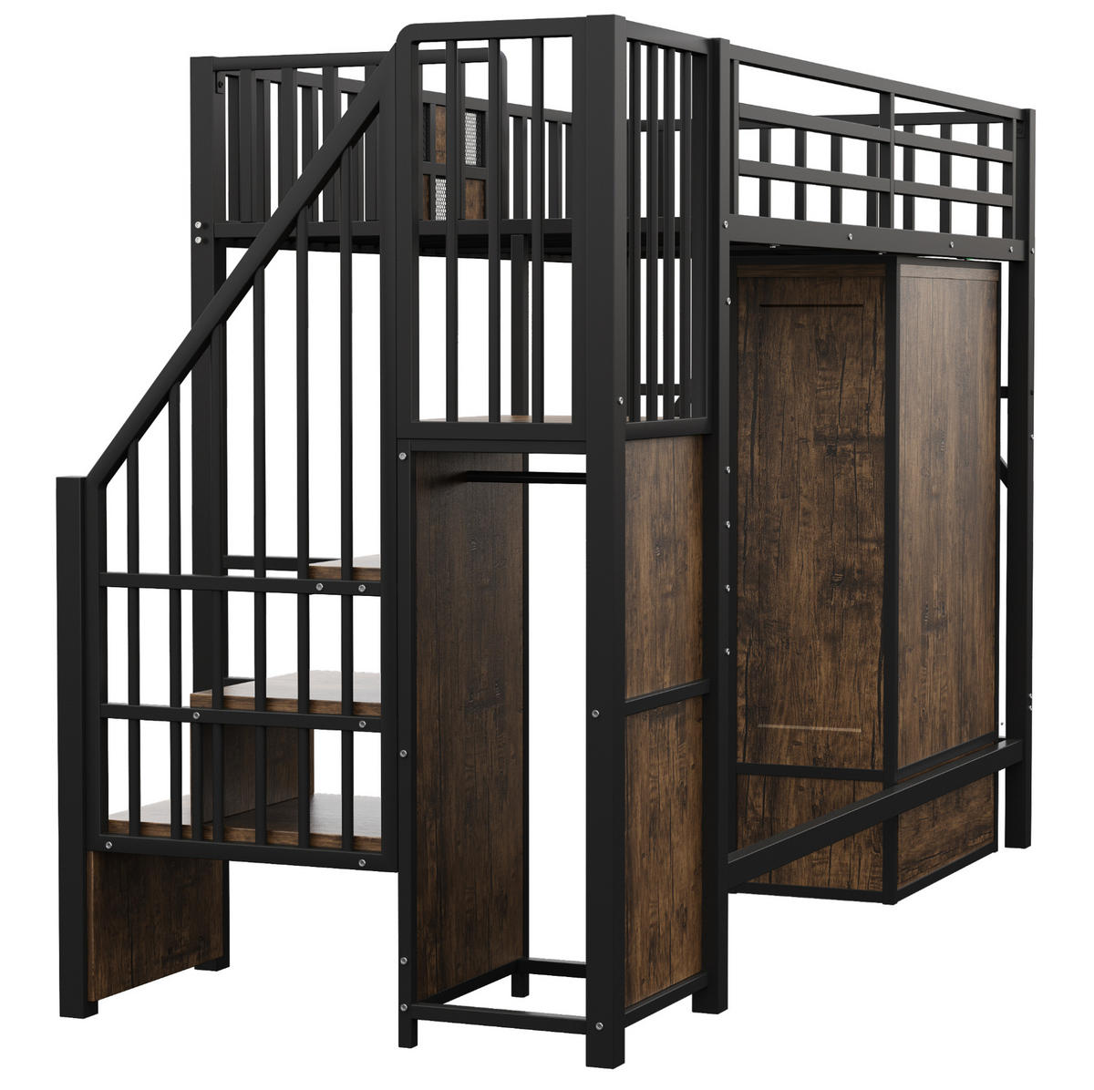 HOCHBETT 90/200 cm mit Kleiderschrank, Aufbewahrungsleiter und Schublade aus Metall und Holzwerkstoff, Schwarz - Schwarz, Metall (90/200cm) - Redom