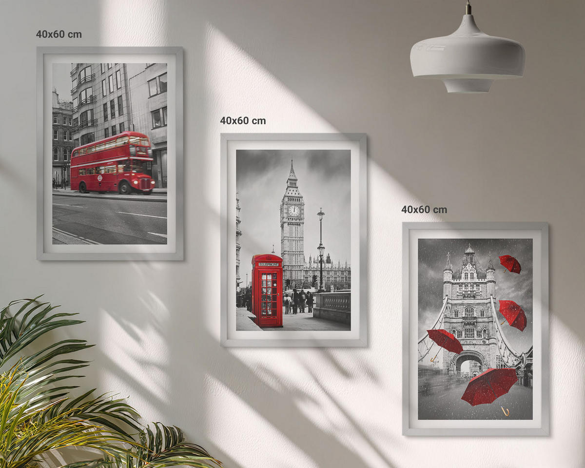 BILDER SET 3er Set - 40x60 cm Silberner Rahmen - Red Accents London - Silberfarben, Kunststoff (40/60cm) - TULUP