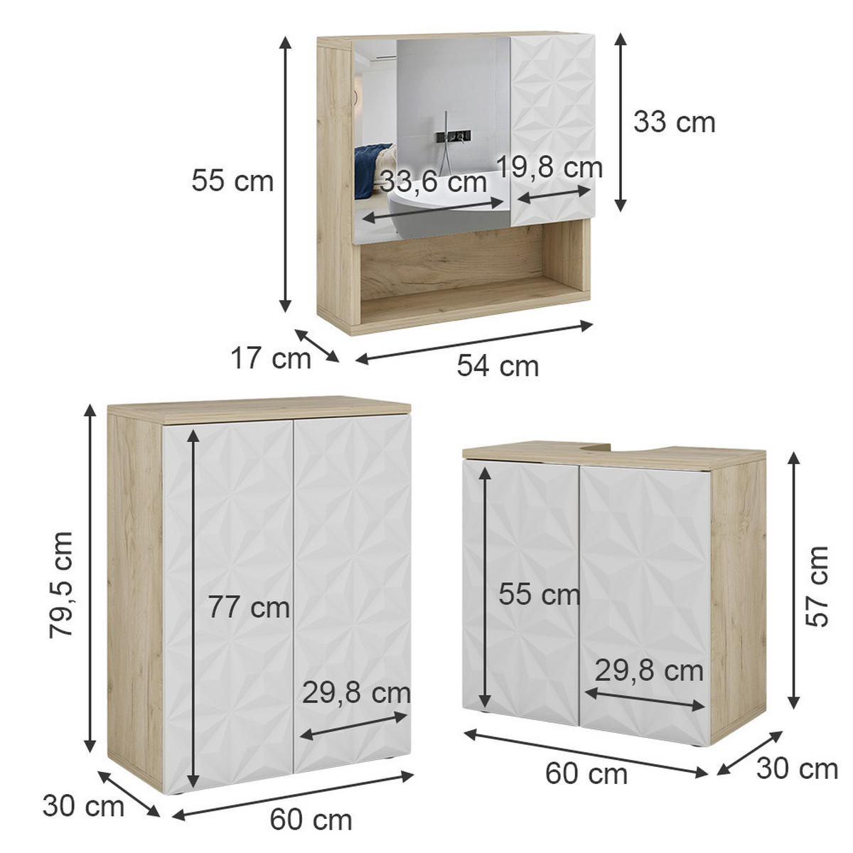 BADMÖBEL-SET Edge Weiß 3 Teile - Eichefarben/Weiß, Holzwerkstoff (60/79/30cm) - Vicco