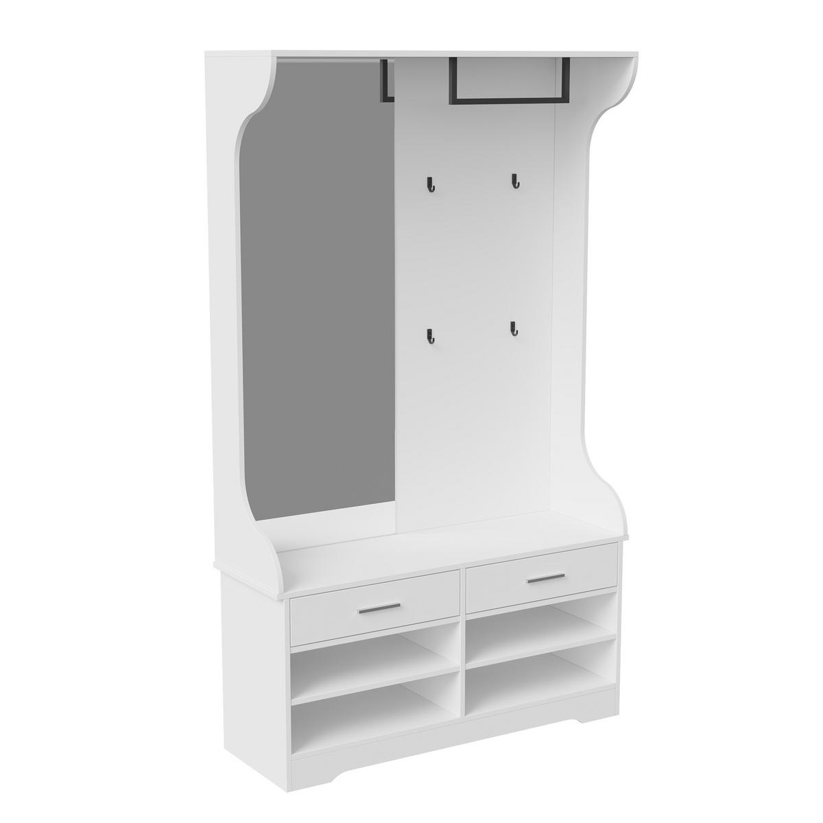 GARDEROBENSTÄNDER, weiß, Spiegel, Haken, Stange, Schuhfach integriert - Weiß, Glas (100/180/35cm) - EuroLiving