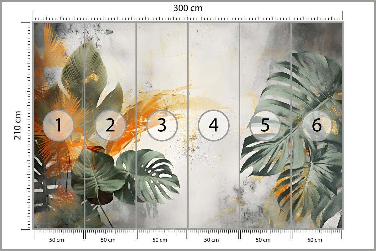 FOTOTAPETE für Schlafzimmer Tropen Monstera Beton Natur Blätter 300x210 - Beige/Orange, Papier (300/210cm) - Muralo