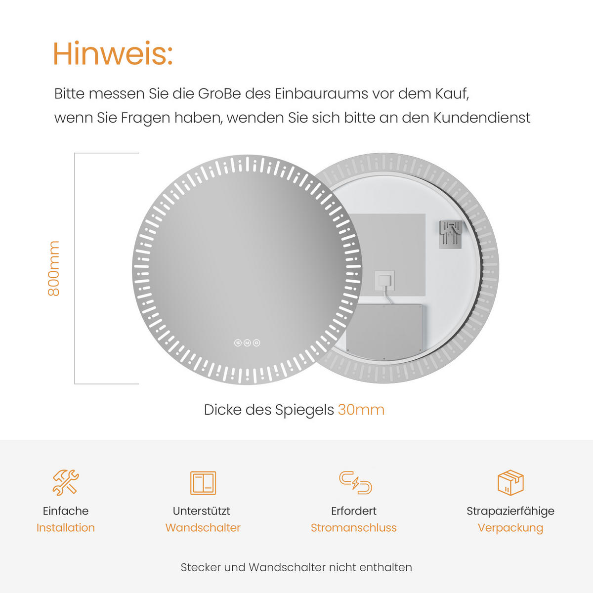 BADSPIEGEL Runder mit Beleuchtung mit Muster ф80 cm - Weiß, Glas (80/3/80cm) - EMKE