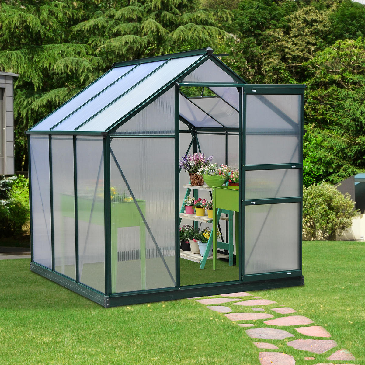 GEWÄCHSHAUS DE-11893 Polycarbonat mit Dachluke & Regenrinne Dunkelgrün - Grün, Metall (192/201/190cm) - ComfortXL