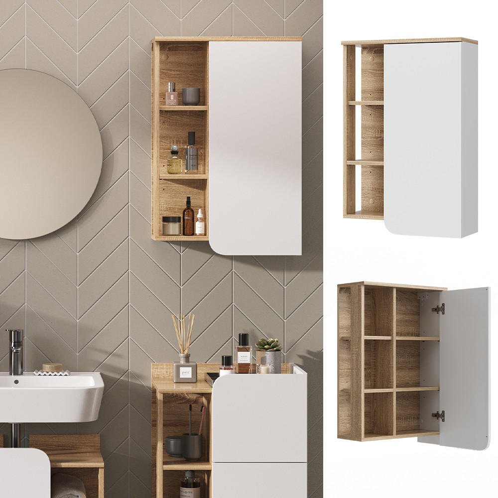 BADSCHRANK Karen Sonoma/Weiß 50 x 75 cm mit Tür und offenen Fächern - Weiß/Sonoma Eiche, Holzwerkstoff (50/75/20cm) - Vicco