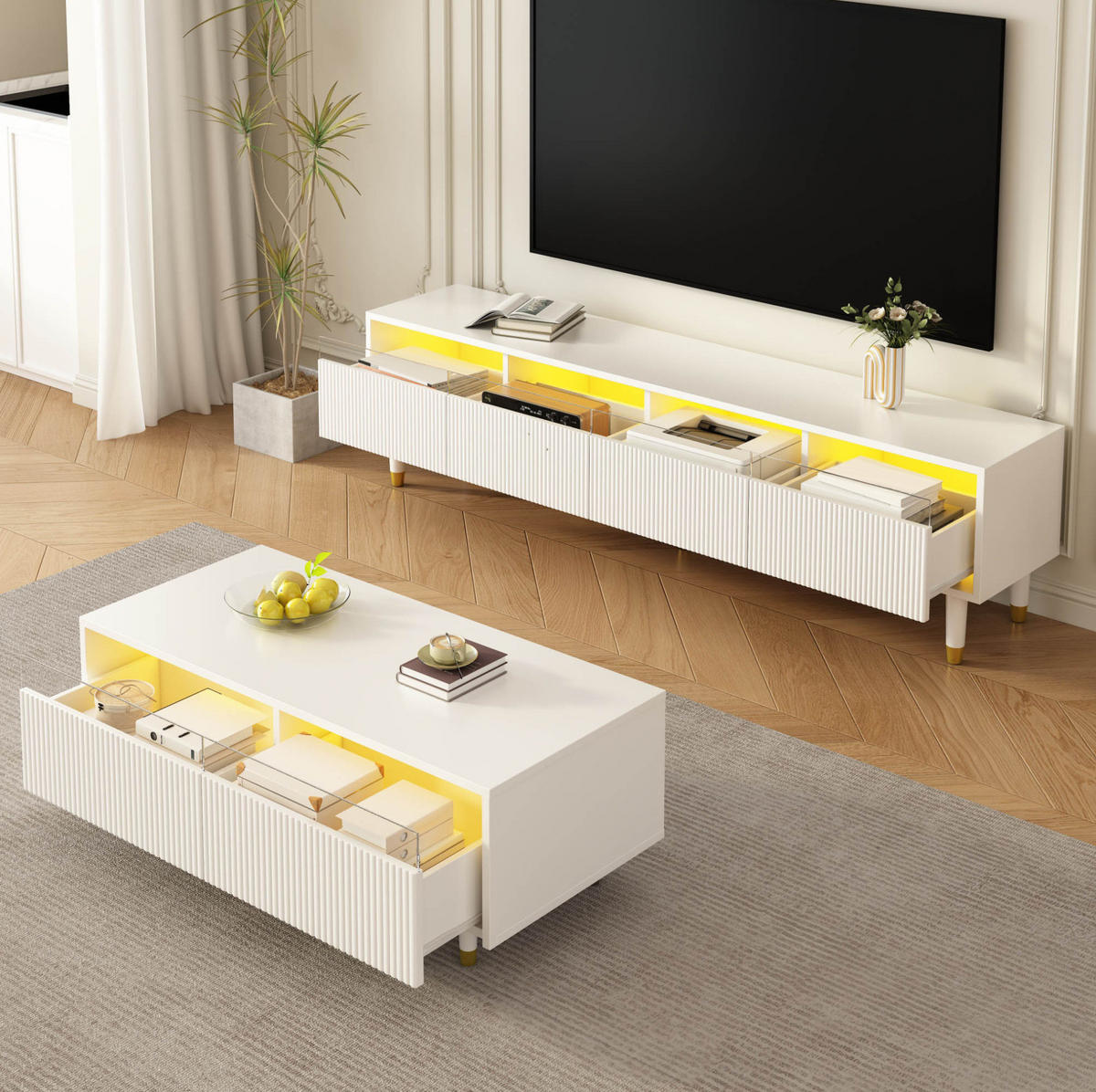 COUCHTISCH mit LED und 2 Schubladen 110 x 50 x 40 cm MDF Weiß - Weiß, Holz (100/50/40cm) - Meubliv