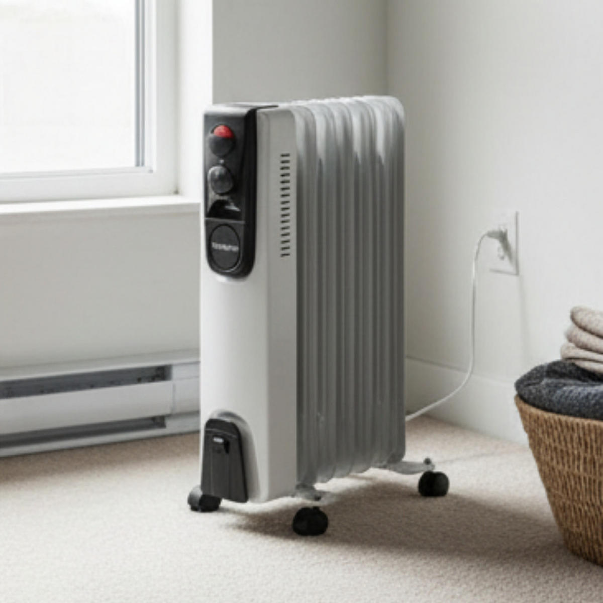 ÖLRADIATOR 1500W, 7 Rippen, Elektroheizung, Heizgerät, Thermostat, 3 Heizstufen, Überhitzungsschutz, Mobiler Heizkörper, Energiesparend, Kompakt - Weiß, Metall (24/55/30cm)