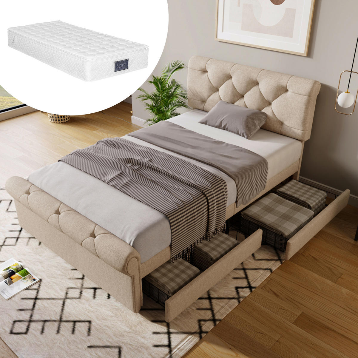 POLSTERBETT 90/200 cm Natur mit 2 Schubladen und höhenverstellbarem Kopfteil mit Matratze - Naturfarben, Metall (90/200cm) - OKWISH