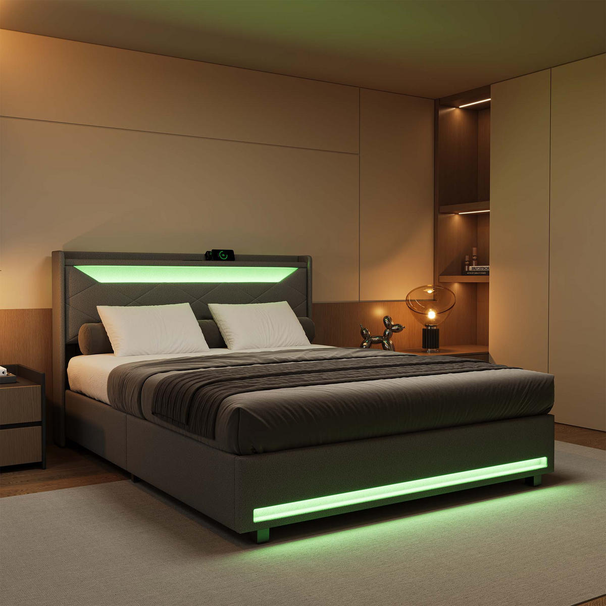 POLSTERBETT 140x200 cm LED Stauraum Lattenrost gepolstert grau - Grau, Holz (140/200cm) - LEBENLANG