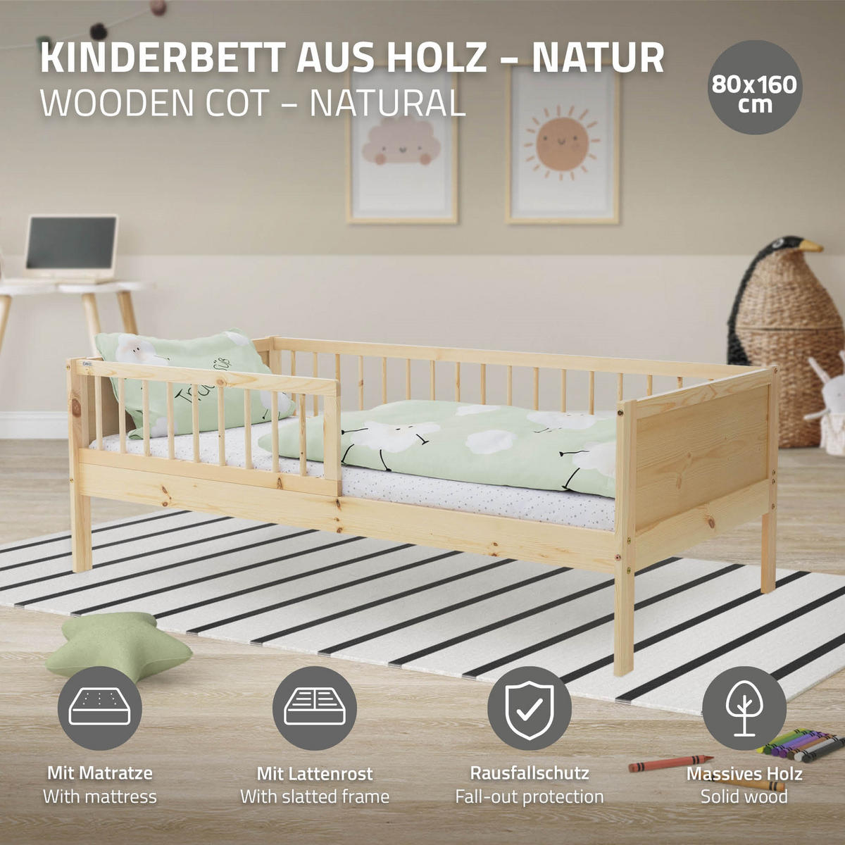 KINDERBETT mit Matratze 80x160 cm Natur - Naturfarben, Holzwerkstoff - ML-DESIGN