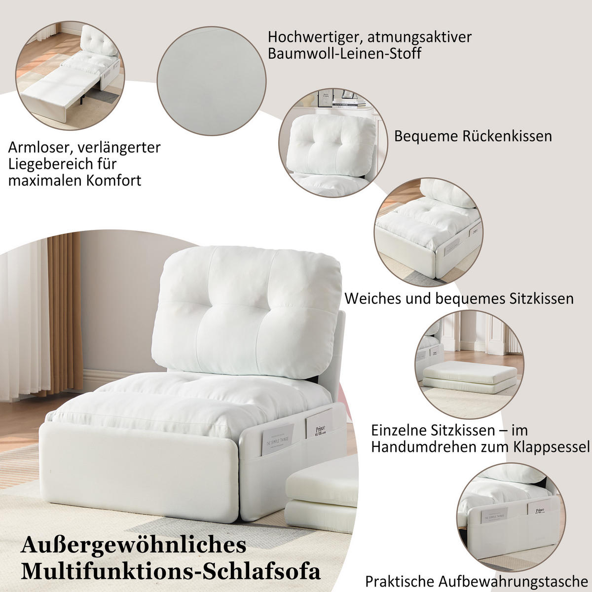 SCHLAFSOFA 92/81.5/90 cm Weiß mit Aufbewahrungstasche - Weiß, Textil (81.5/90/195cm) - Oxeza
