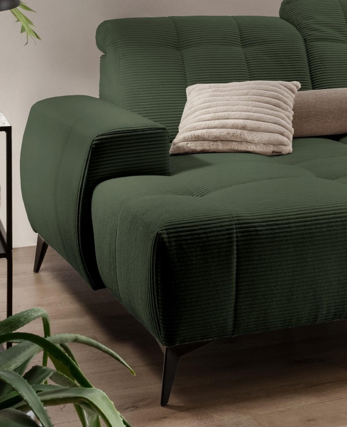 WOHNLANDSCHAFT mit elektrisch verstellbare Relaxfunktion, Cord-Stoff - Schwarz/Grün, Textil/Metall (200/104/337cm) - myHomelando