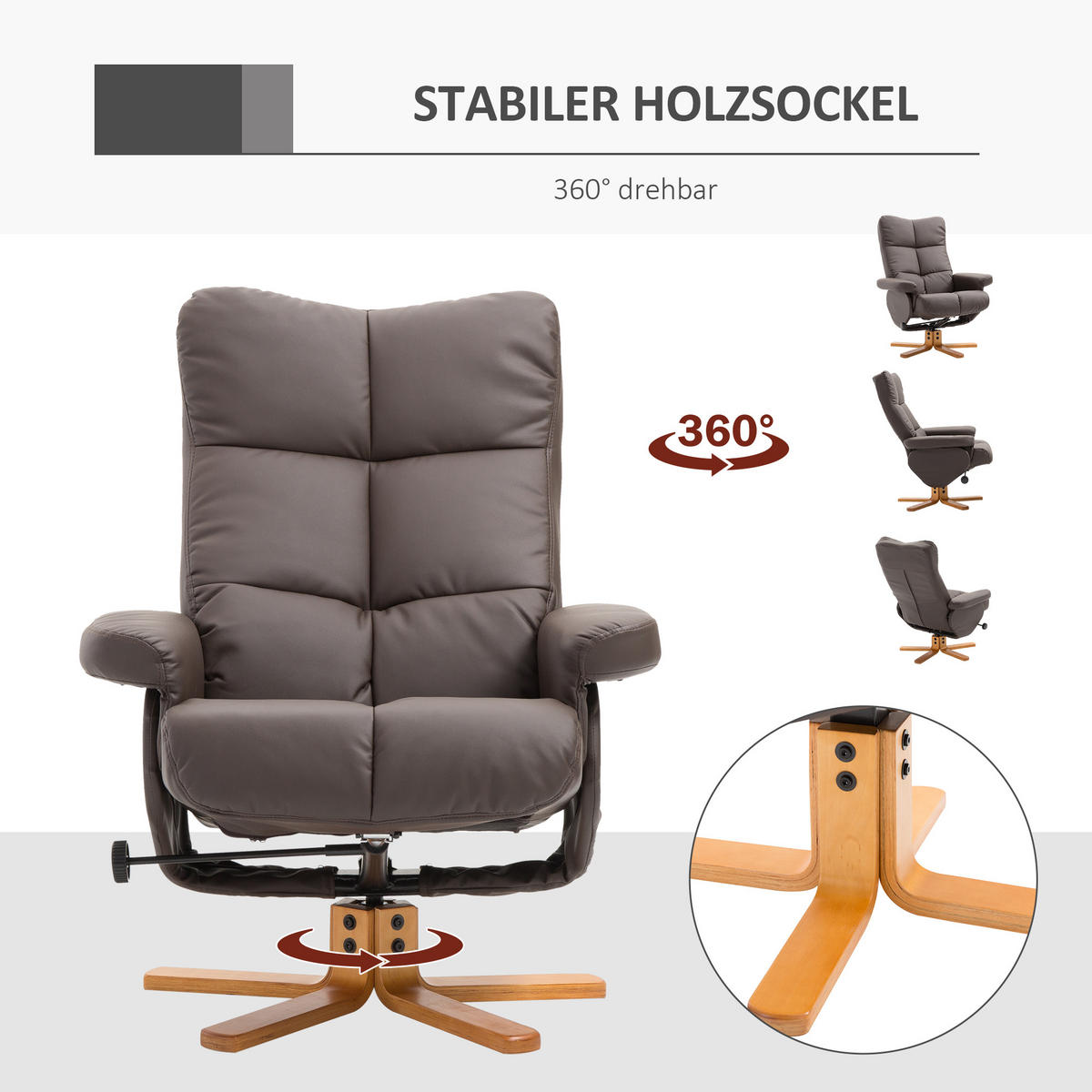 RELAXSESSEL mit Hocker Fernsehsessel 360° drehbar Liegefunktion Holz Braun - Braun, Holz (86/99/80cm) - HOMCOM
