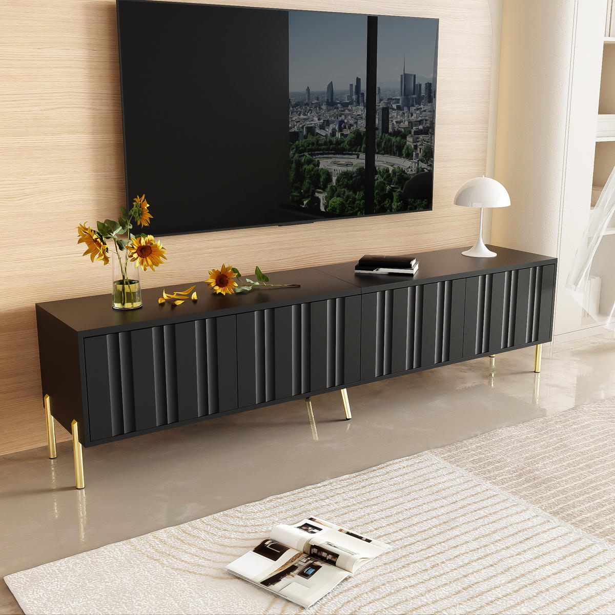 LOWBOARD in Schwarz mit goldenen Tischbeinen für Wohnzimmer, B190/T38/H48 cm - Goldfarben/Schwarz, Holzwerkstoff/Metall (190/48/38cm) - STILVORA