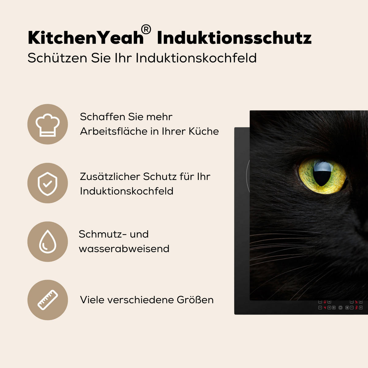 HERDABDECKPLATTE Katze - Augen - Gelb - Schwarz Induktionsmatte 71x52 cm - Schwarz, Kunststoff (71/52/0.2cm) - MuchoWow
