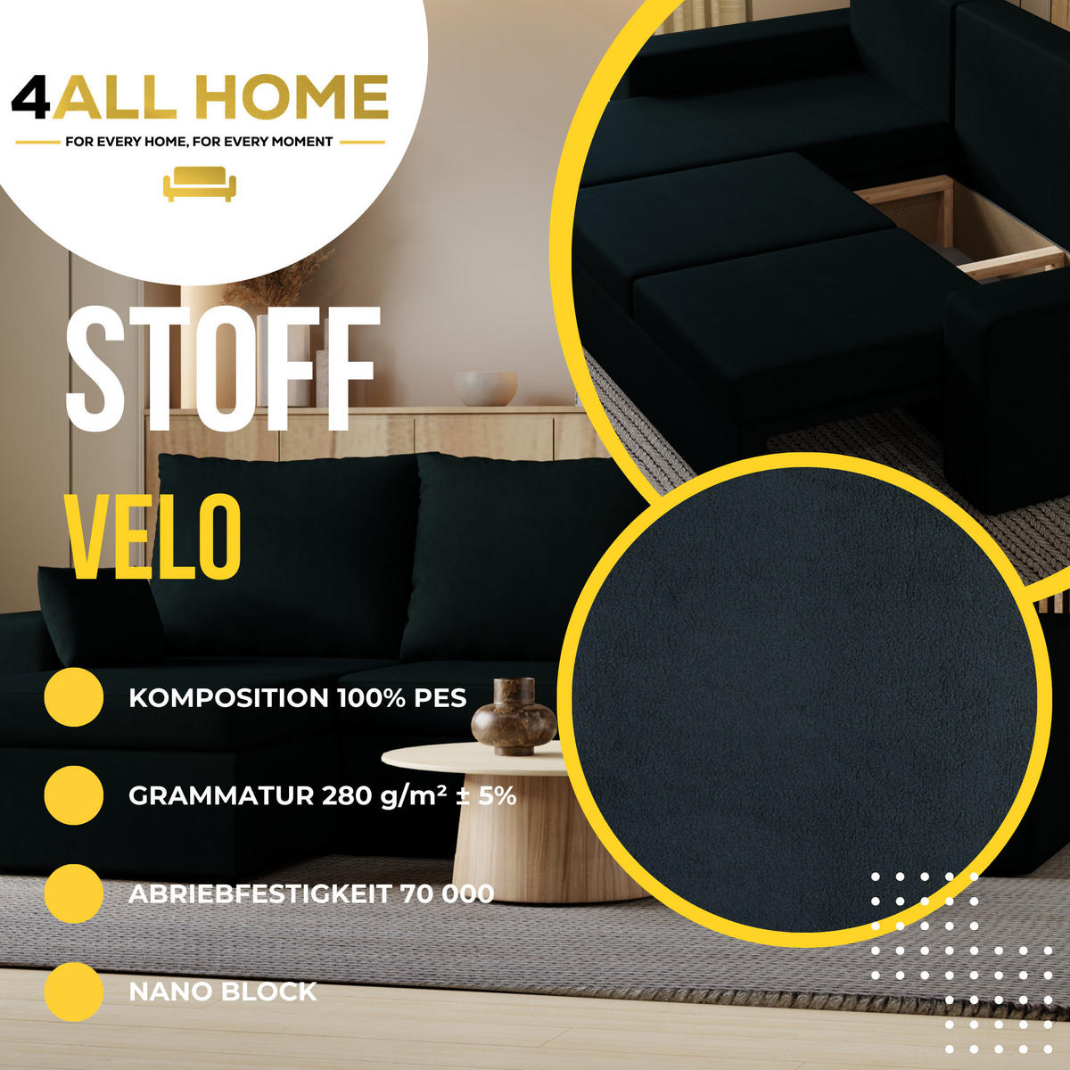 ECKSOFA Paco mit Bettkasten und Schlaffunktion, L-Form/XL-Form, Velourstoff, Universal - Anthrazit, Holzwerkstoff (246/145cm) - 4ALL HOME