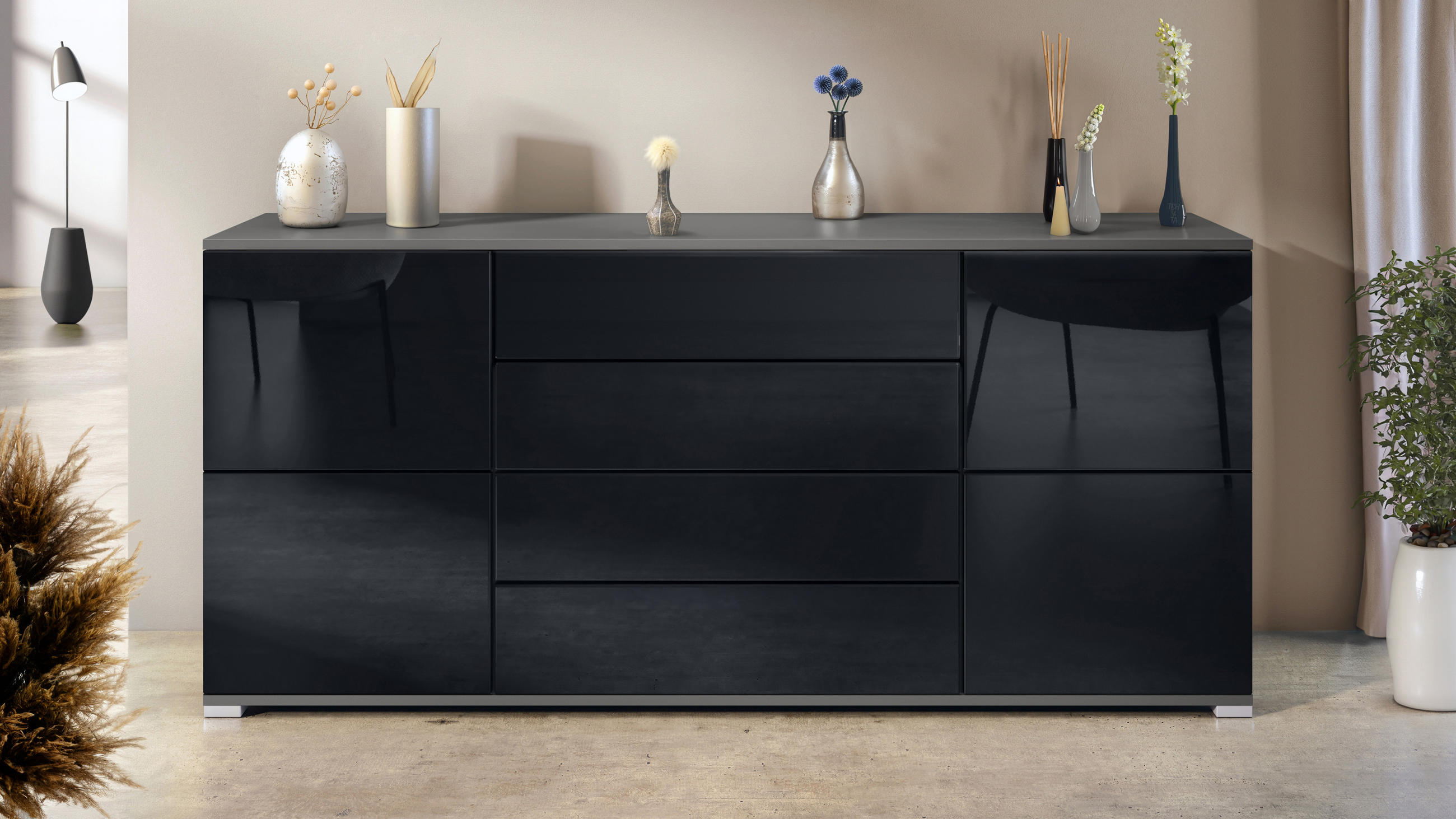 SIDEBOARD Rova Schwarz Hochglanz - Schwarz Hochglanz, Holzwerkstoff (166.5/75.5/35cm) - Vladon