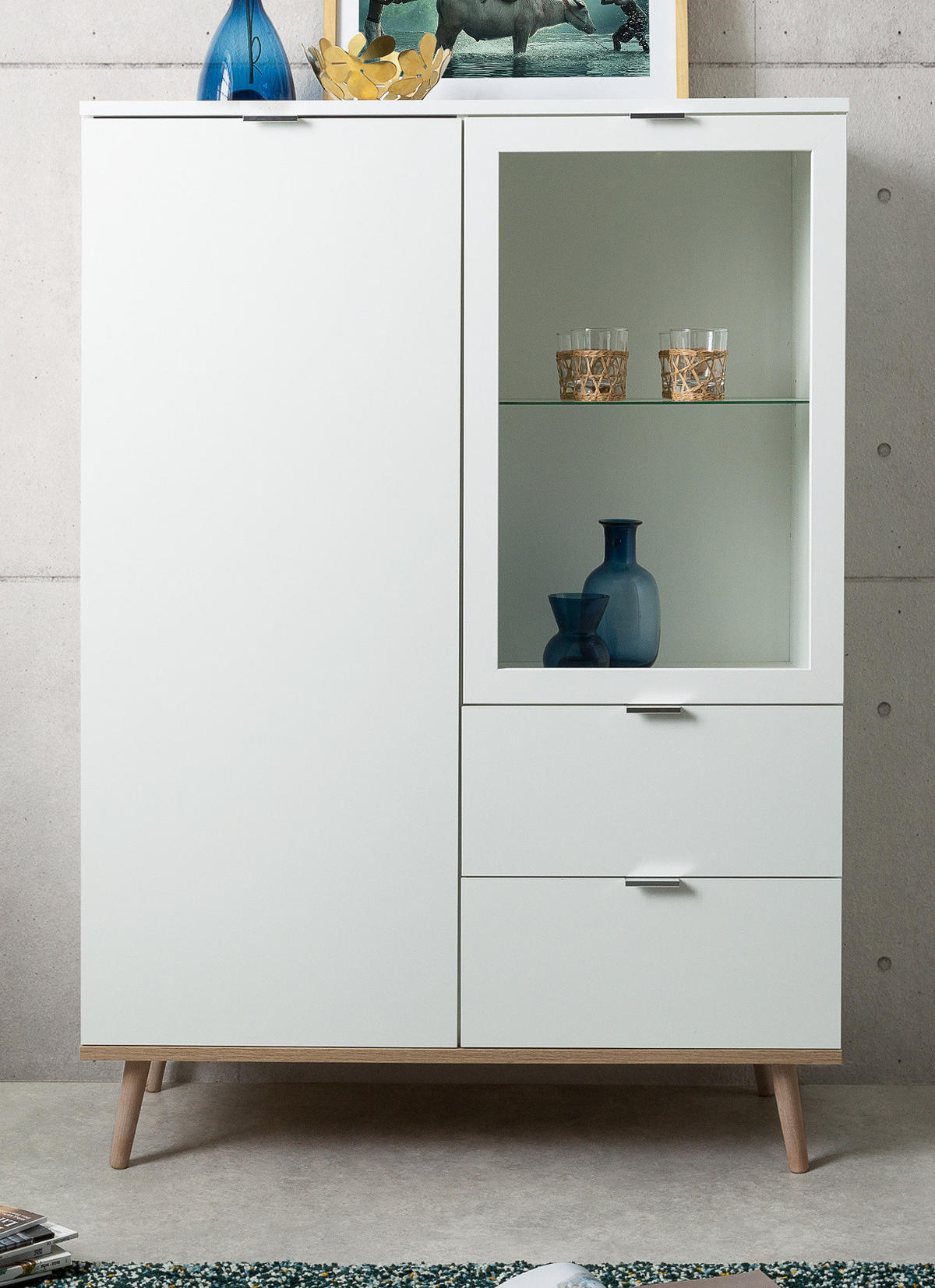 HIGHBOARD weiß matt, Eiche Sonoma massiv, 100 cm, Vitrine skandinavisch - Chromfarben/Eichefarben, Glas/Holz (100/140/40cm) - Furn.Design