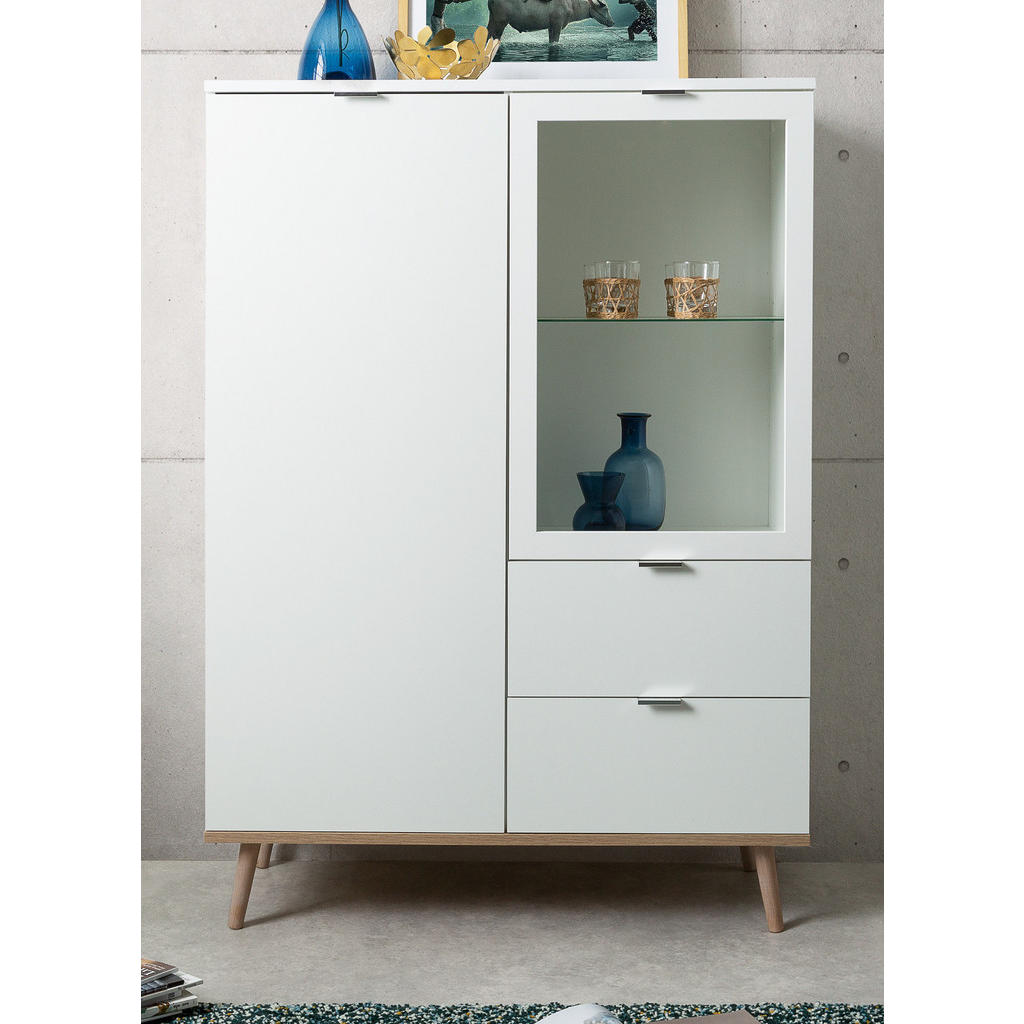 Thumbnail - Furn.Design Highboard, Weiß, Eiche, Metall, Echtholz, Nachbildung,Eiche, Uni, Holz Optik, 3 Fächer, 2 Schubladen, rund, ...