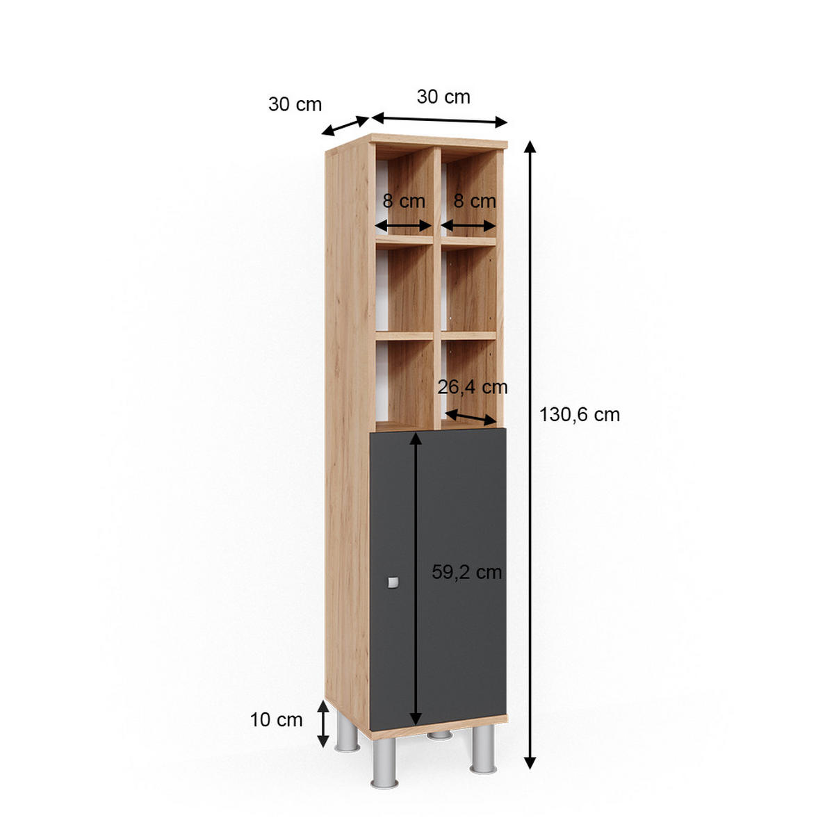 MIDISCHRANK Fynn Anthrazit 30 x 130.6 cm große Tür - Anthrazit, Holzwerkstoff (30/130.6/30cm) - Vicco