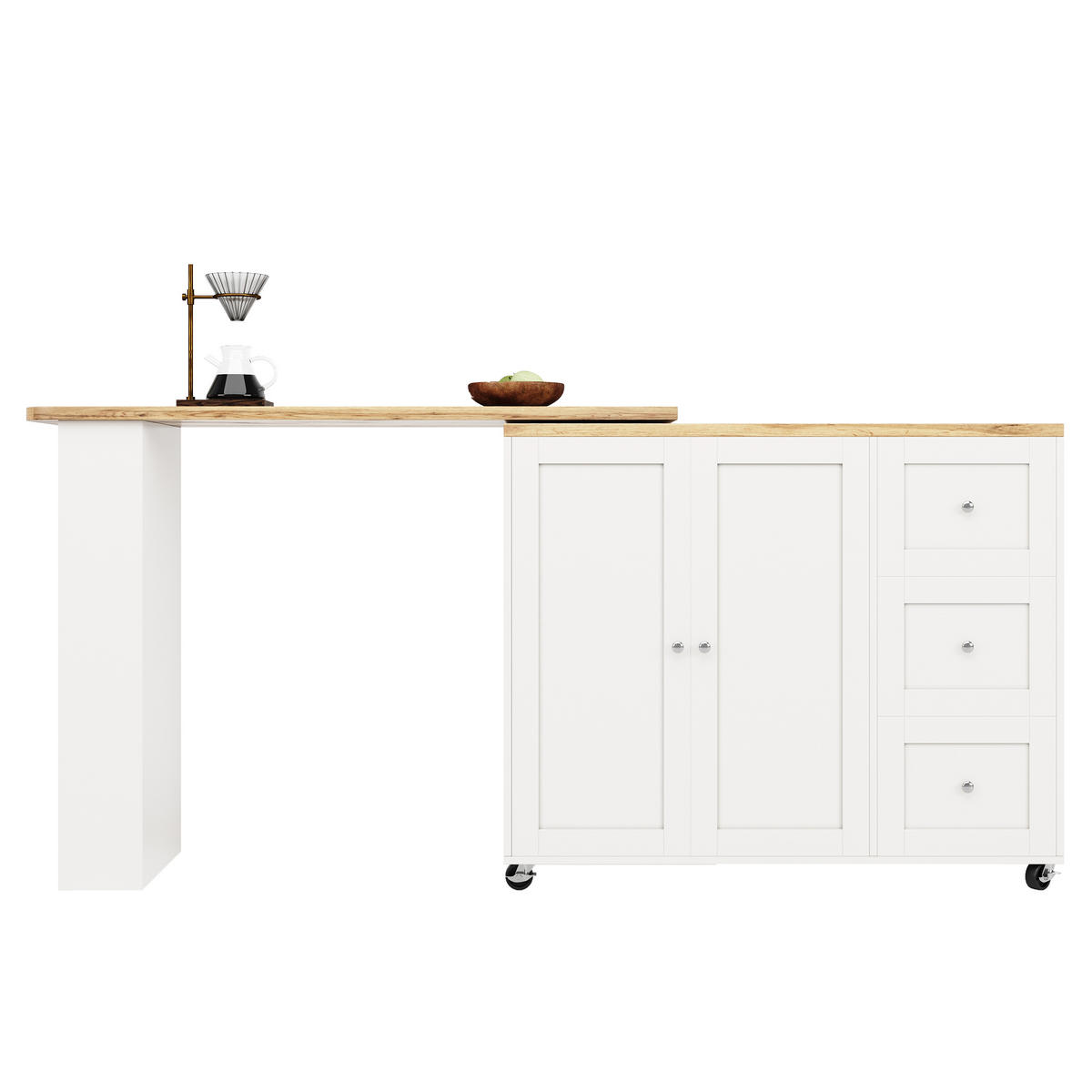 BARTISCH klappbar 135/39/106 cm in Weiß mit Rollen und Stauraum - Weiß, Holzwerkstoff (135/39/106cm) - BEAOK
