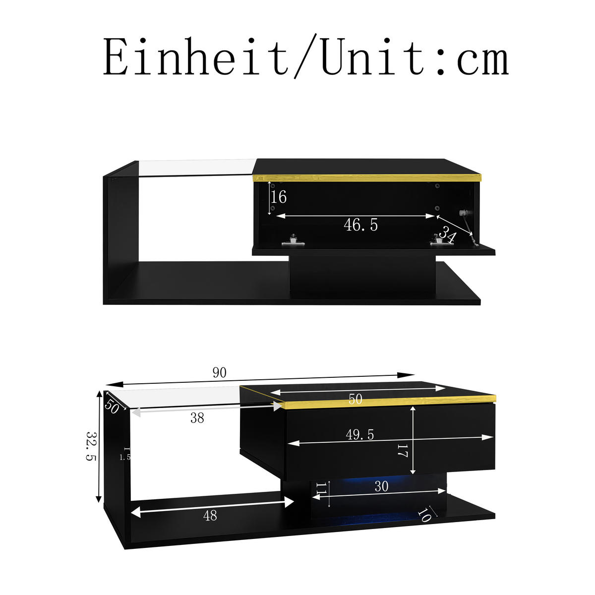 COUCHTISCH 90/50/32,5 cm Schwarz Hochglanz mit LED-Beleuchtung und Stauraum - Schwarz, Holzwerkstoff (90/50/32.5cm) - OKWISH