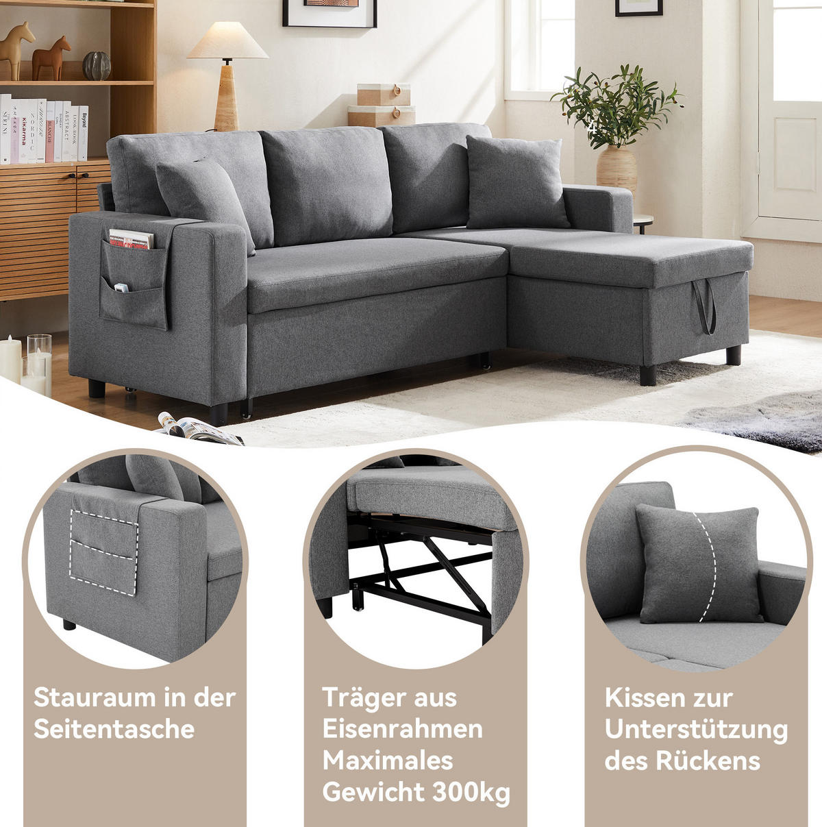 ECKSCHLAFSOFA Leinen mit Stauraum und Seitentaschen Dunkelgrau 219,5/142,5/83 cm - Dunkelgrau, Textil (83/142.5cm) - Redom